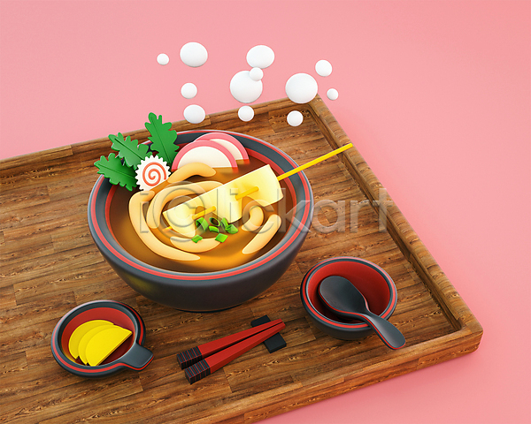 귀여움 사람없음 3D PSD 디지털합성 편집이미지 그릇 나무쟁반 단무지 분홍색 숟가락 어묵꼬치 우동 젓가락 편집 편집소스