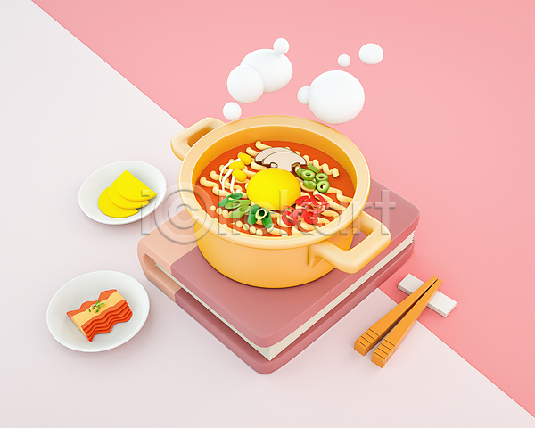 귀여움 사람없음 3D PSD 디지털합성 편집이미지 김치 나무젓가락 단무지 라면 분식 분홍색 양은냄비 접시 책 편집 편집소스