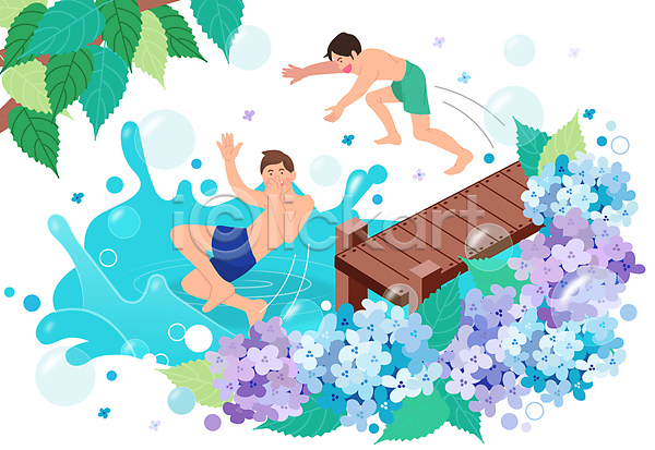 남자 두명 성인 성인남자만 AI(파일형식) 일러스트 나뭇잎 다이빙 물 물놀이 물방울 미소(표정) 바캉스 수국 여름(계절) 여름풍경 여름휴가 전신 점프