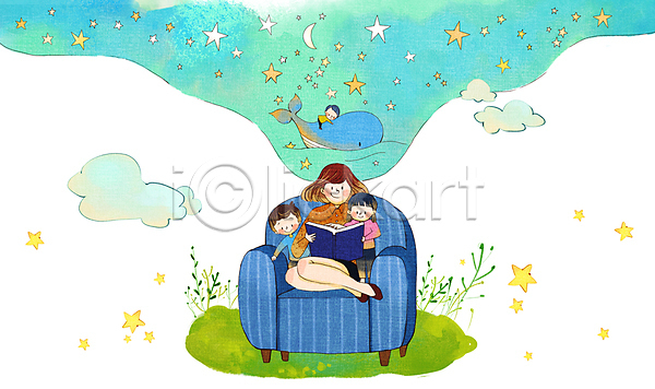 상상 남자 성인 소녀(어린이) 소년 어린이 여러명 여자 PSD 일러스트 고래 구름(자연) 독서 들기 별 상상력 소파 앉기 어린이교육 엄마 자녀 전신 책 한마리