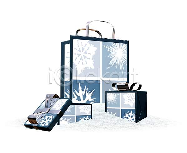 사람없음 3D JPG 디지털합성 포토 해외이미지 눈꽃 눈꽃무늬 눈송이 리본 선물상자 쇼핑 쇼핑백 오픈 크리스마스 하늘색