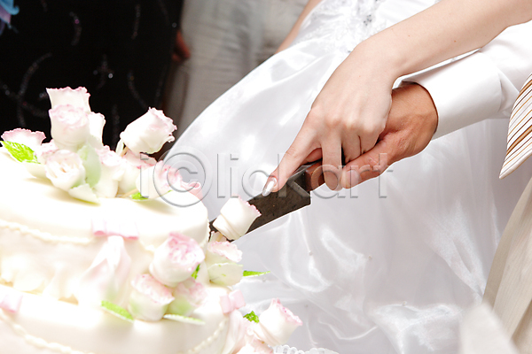 신체부위 JPG 포토 해외이미지 결혼 꽃 들기 빵칼 손 웨딩케이크 잎 자르기 장식 케이크 흰색