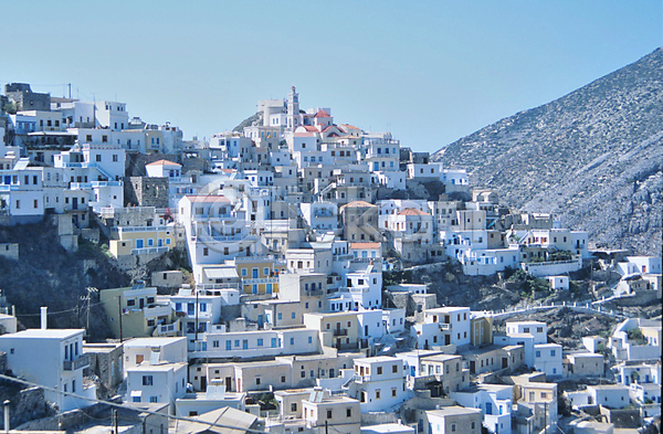 사람없음 JPG 포토 해외이미지 건축양식 그리스 마을 산 섬 여름(계절) 전통 파란색 하늘 햇빛 흰색