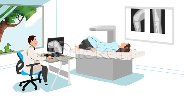 남자 두명 성인 성인만 여자 PSD 일러스트 건강검진 검사(조사) 관절 관절뼈 눕기 병원 병원침대 앉기 엑스레이 의사 의자 전신 책상 컴퓨터 환자