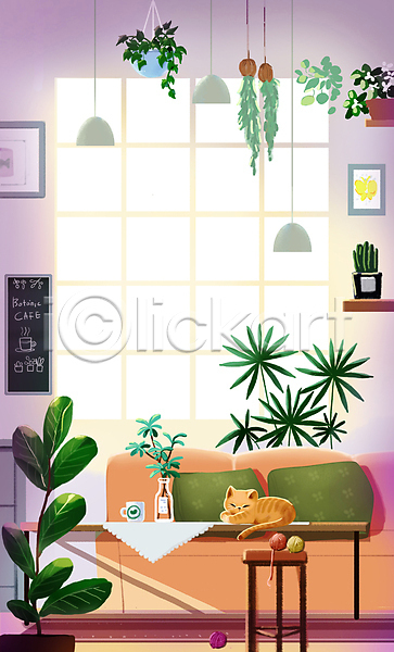 사람없음 PSD 일러스트 거실 고양이 매달리기 소파 실내 액자 전등 창문 카페 커피잔 탁자 털실 플랜테리어 한마리 화분