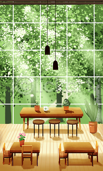 사람없음 PSD 일러스트 나무 레스토랑 식당 실내 의자 창가 창문 초록색 카페 커피잔 탁자 플랜테리어 햇빛 화분