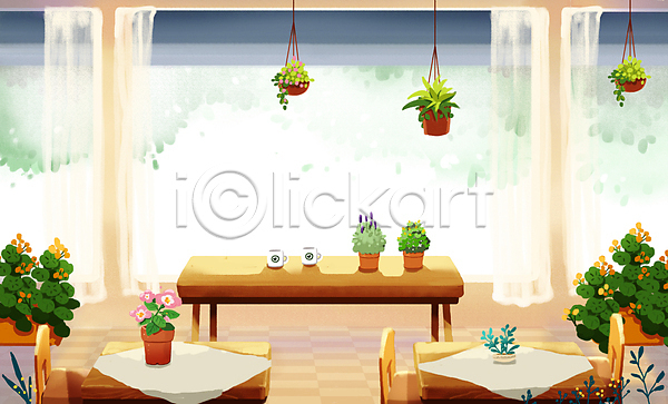 사람없음 PSD 일러스트 꽃 레스토랑 매달리기 식당 실내 의자 창가 카페 커튼 커피잔 탁자 플랜테리어 화분