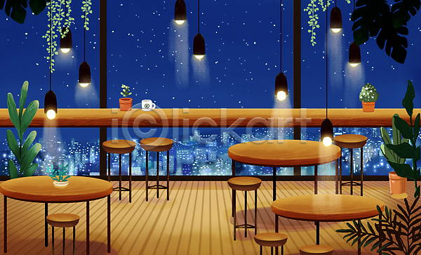 사람없음 PSD 일러스트 갈색 도시 레스토랑 매달리기 식물 실내 야경 의자 조명 카페 커피 탁자 파란색 플랜테리어 화분