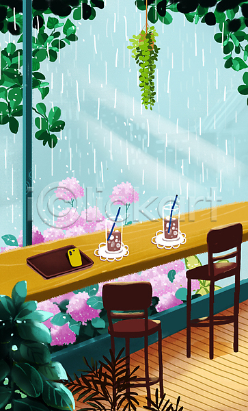 사람없음 PSD 일러스트 나무쟁반 매달리기 비(날씨) 수국 스마트폰 식물 실내 의자 창가 창문 카페 커피 탁자 플랜테리어 하늘색