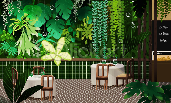 사람없음 PSD 일러스트 꽃 덩굴 레스토랑 매달리기 식당 식물 실내 의자 잎 조명 초록색 카페 커피잔 탁자 플랜테리어