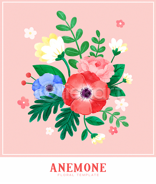 사람없음 PSD 일러스트 프레임일러스트 꽃 백그라운드 분홍색 수채화(물감) 아네모네 잎 카드(감사) 카피스페이스