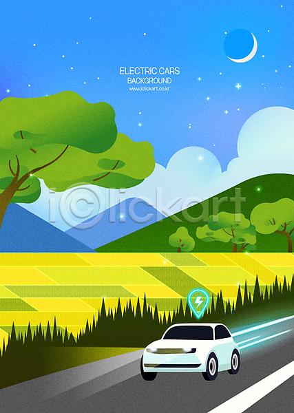 사람없음 AI(파일형식) 일러스트 나무 농촌 도로 백그라운드 별 전기에너지 전기자동차 전조등 초록색 초승달 친환경 친환경자동차 파란색 풍경(경치)