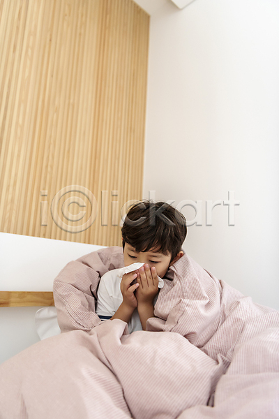 남자 소년 소년한명만 어린이 한국인 한명 JPG 앞모습 포토 감기(질병) 건강 들기 상반신 실내 아들 앉기 어린이라이프 이불 침대 코풀기 화장지