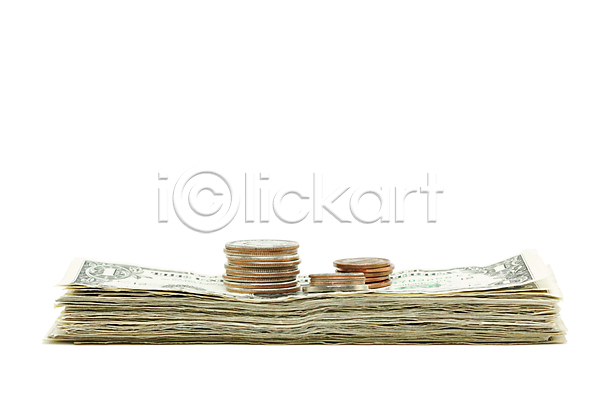 사람없음 JPG 포토 해외이미지 1달러 경제 금융 달러 돈 동전 동전탑 많음 실내 쌓기 외화 지폐 흰배경