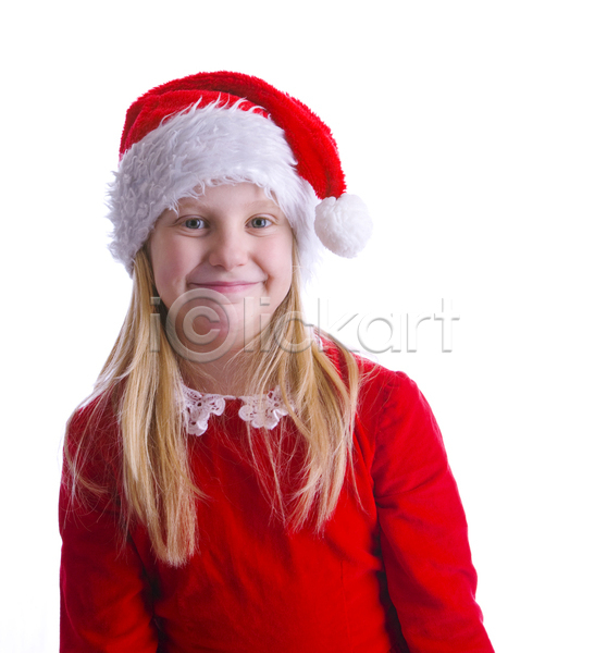 청춘(젊음) 행복 어린이 한명 JPG 포토 해외이미지 금발 레이스(직물) 빨간색 산타클로스 요정 크리스마스 휴가 흰색