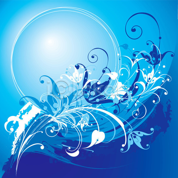 화려 EPS 일러스트 해외이미지 그래픽 그림 꽃 꽃무늬 나선형 다발 모양 물 백그라운드 분무기 소용돌이 잎 추상 파도 파란색