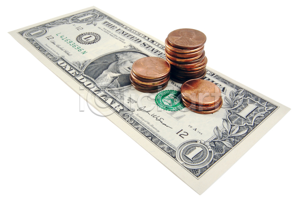 사람없음 JPG 포토 해외이미지 1달러 경제 금융 달러 돈 동전 동전탑 실내 쌓기 외화 지폐 한장 흰배경