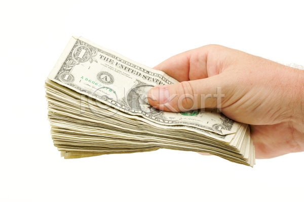 신체부위 JPG 포토 해외이미지 1달러 결제 경제 금융 달러 돈 돈다발 들기 손 실내 외화 주기 지폐 흰배경