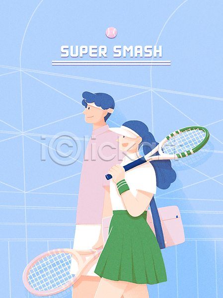 남자 두명 성인 성인만 여자 PSD 일러스트 가방 들기 머리띠 모자(잡화) 상반신 손목보호대 스포츠 취미 테니스 테니스공 테니스라켓 테니스복 테니스장