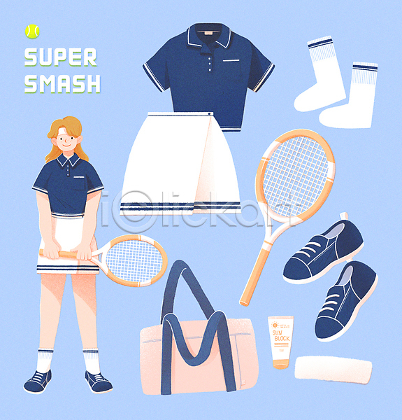 성인 성인여자한명만 여자 한명 PSD 일러스트 가방 들기 머리띠 서기 선크림 스포츠 양말 전신 취미 테니스 테니스라켓 테니스복 테니스화