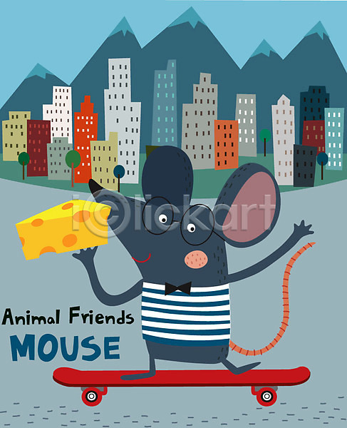 귀여움 사람없음 AI(파일형식) 일러스트 건물 도시 동물 동물캐릭터 들기 스케이트보드 쥐 쥐캐릭터 치즈 캐릭터 한마리