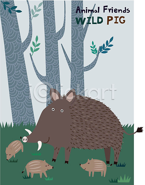 귀여움 사람없음 AI(파일형식) 일러스트 갈색 나무 동물 동물캐릭터 돼지캐릭터 멧돼지 새끼 숲 여러마리 초록색 캐릭터