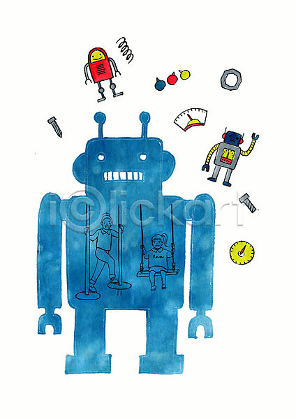 두명 사람 소녀(어린이) 어린이 어린이만 PSD 실루엣 일러스트 나사 놀이터 동화 로봇 부속품 붓터치 상상력 수채화(물감) 어린이날 파란색
