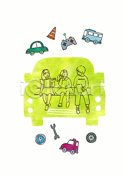 사람 세명 소녀(어린이) 소년 어린이 어린이만 PSD 실루엣 일러스트 동화 바퀴 붓터치 상상력 수채화(물감) 어린이날 자동차 장난감 초록색