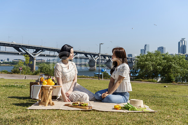우정 즐거움 20대 두명 성인 성인여자만 여자 한국인 JPG 옆모습 포토 공원 과일 데이트 마주보기 미소(표정) 샌드위치 소풍 앉기 야외 여름(계절) 인싸 전신 주간 친구 한강 한강공원