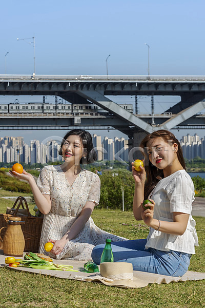 우정 즐거움 20대 두명 성인 성인여자만 여자 한국인 JPG 앞모습 옆모습 포토 공원 과일 데이트 미소(표정) 샌드위치 소풍 앉기 야외 여름(계절) 인싸 전신 주간 친구 한강 한강공원