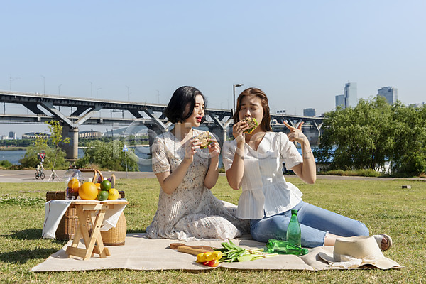 우정 즐거움 20대 두명 성인 성인여자만 여자 한국인 JPG 앞모습 포토 가리킴 공원 과일 데이트 먹기 샌드위치 소풍 앉기 야외 여름(계절) 인싸 전신 주간 친구 한강 한강공원