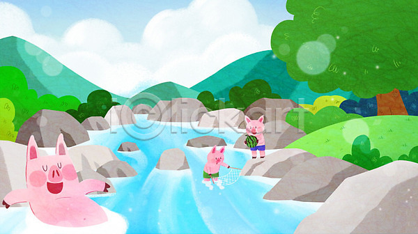 기쁨 시원함 즐거움 사람없음 PSD 일러스트 계곡 돼지 돼지캐릭터 물놀이 바위 바캉스 산 세마리 수박 여름(계절) 여름음식 여름휴가 여행 제철과일 파란색
