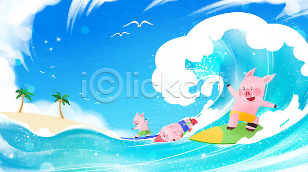 기쁨 시원함 즐거움 사람없음 PSD 일러스트 기러기 돼지 돼지캐릭터 물놀이 바다 바캉스 서핑 세마리 야자수 여름(계절) 여름휴가 여행 파란색