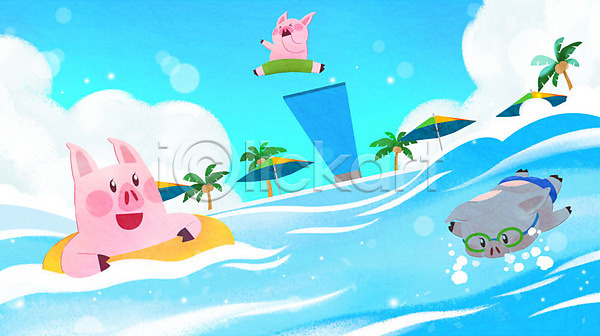 기쁨 시원함 즐거움 사람없음 PSD 일러스트 다이빙 돼지 돼지캐릭터 물놀이 바다 바캉스 세마리 수영장 야자수 여름(계절) 여름휴가 여행 잠수 튜브 파란색