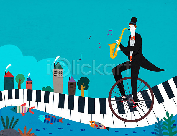 상상 남자 남자한명만 사람 한명 AI(파일형식) 일러스트 꿈 물고기떼 색소폰 연주 외발자전거 콘서트 트럼펫 피아노건반
