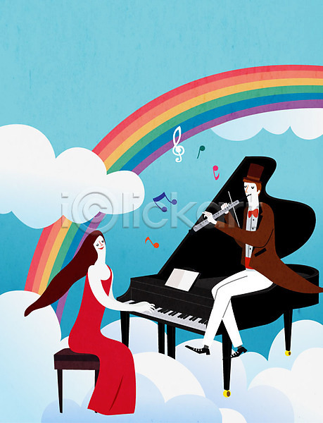 상상 남자 두명 사람 여자 AI(파일형식) 일러스트 구름(자연) 꿈 무지개 연주 오보에 콘서트 피아노(악기) 하늘