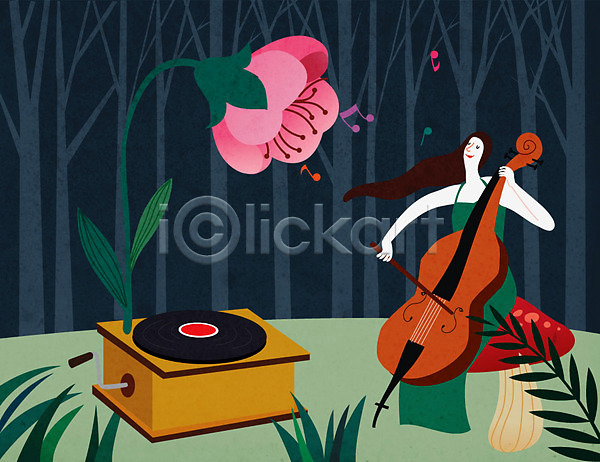 상상 사람 여자 여자한명만 한명 AI(파일형식) 일러스트 꽃 꿈 레코드판 밤하늘 버섯 숲속 야간 연주 음표 첼로 축음기 콘서트