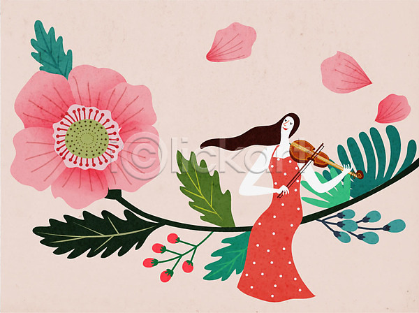 상상 사람 여자 여자한명만 한명 AI(파일형식) 일러스트 꽃 꽃잎 꿈 나뭇가지 바이올린 연주 잎 콘서트