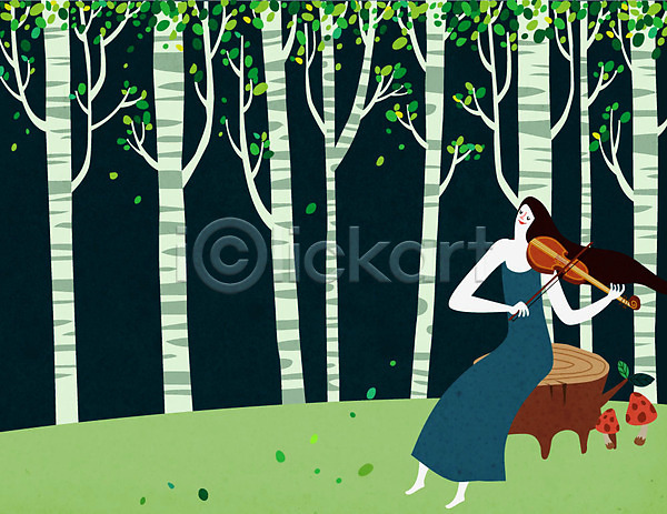 상상 사람 여자 여자한명만 한명 AI(파일형식) 일러스트 꿈 나무 바이올린 밤하늘 숲속 야간 연주 콘서트