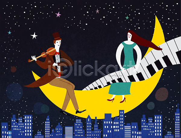 상상 남자 두명 사람 여자 AI(파일형식) 일러스트 꿈 바이올린 야간 연주 초승달 콘서트 피아노(악기)