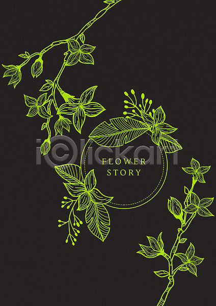 감성 사람없음 PSD 라인일러스트 일러스트 검은색 꽃 나뭇가지 드로잉 식물 원형프레임 잎 초록색 프레임