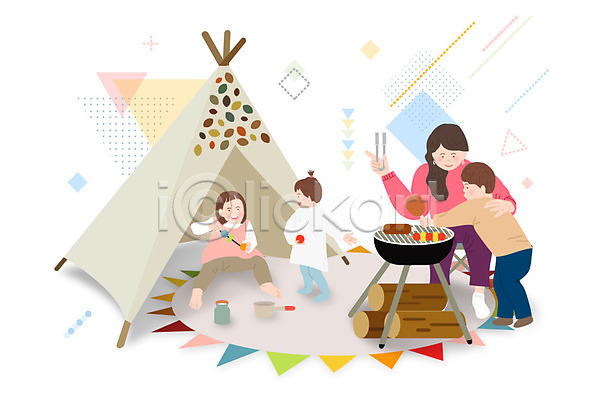 즐거움 체험 사람 성인 소녀(어린이) 소년 어린이 여러명 AI(파일형식) 일러스트 가족 놀이 놀이체험 바비큐 엄마 캠핑 키즈카페 텐트