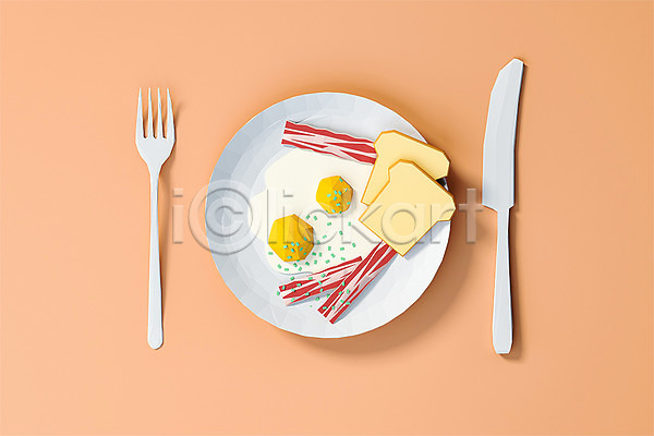 사람없음 3D PSD 디지털합성 편집이미지 3D소스 계란프라이 그래픽 나이프 로우폴리 베이컨 식빵 오브젝트 접시 주황색 편집소스 포크 폴리곤