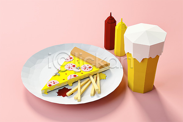 사람없음 3D PSD 디지털합성 편집이미지 3D소스 감자튀김 그래픽 로우폴리 맥주 머스터드 분홍색 오브젝트 접시 패스트푸드 편집소스 폴리곤 피맥 피자