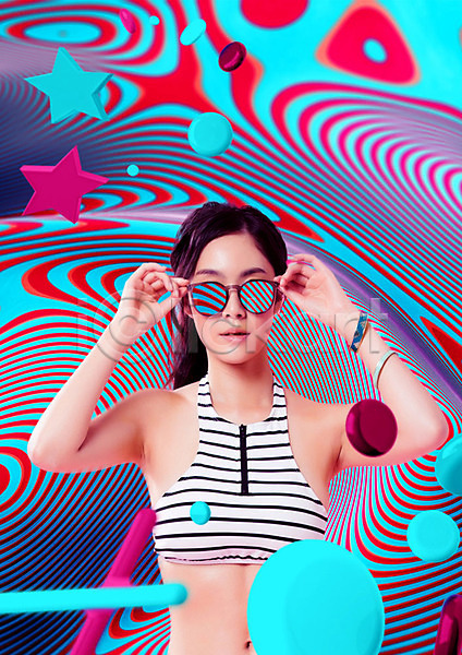 20대 성인 성인여자한명만 여자 한국인 한명 PSD 앞모습 편집이미지 기하학 뉴트로 도형 별 상반신 선글라스 원형 지오메트릭 컬러풀 패턴