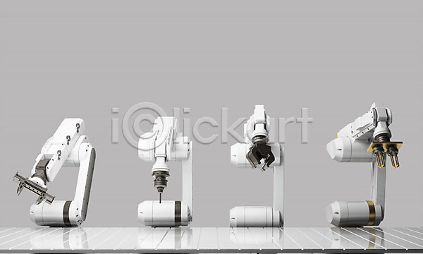 스마트 사람없음 3D PSD 디지털합성 입체 편집이미지 3D소스 공장 로봇팔 산업 산업용로봇 생산라인 설비 여러개 오브젝트 자동화 제조 편집 편집소스 회색배경