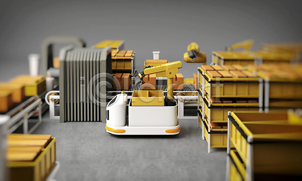 스마트 사람없음 3D PSD 디지털합성 입체 편집이미지 3D소스 공장 노란색 로봇팔 산업 산업용로봇 상자 생산라인 설비 여러개 오브젝트 자동화 제조 컨베이어 편집 편집소스