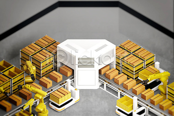 스마트 사람없음 3D PSD 디지털합성 입체 편집이미지 3D소스 공장 노란색 로봇팔 산업 산업용로봇 상자 생산라인 설비 여러개 오브젝트 자동화 제조 컨베이어 편집 편집소스