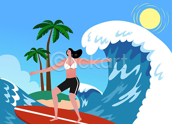 즐거움 행복 휴식 사람 성인 성인여자한명만 여자 한명 AI(파일형식) 일러스트 라이프스타일 바다 바캉스 바캉스용품 서핑 서핑보드 소확행 싱글라이프 여름(계절) 여름휴가 여행 우먼라이프 혼행 휴가 힐링