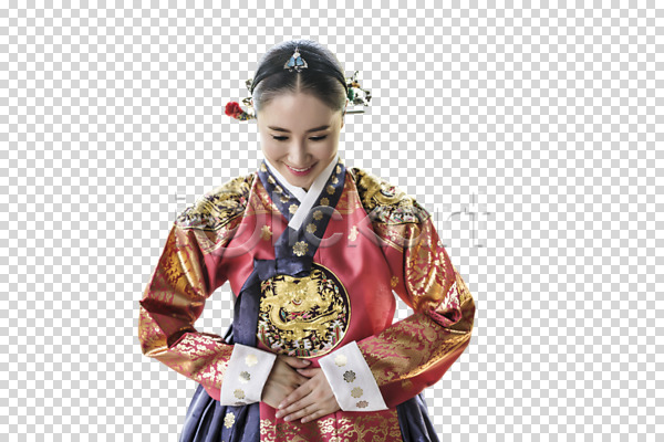 30대 사람 성인 성인여자한명만 여자 한국인 한명 PNG 앞모습 편집이미지 누끼 미소(표정) 사극 상반신 서기 여왕 왕족전통의상 인사 전통 조선시대 편집소스 한복